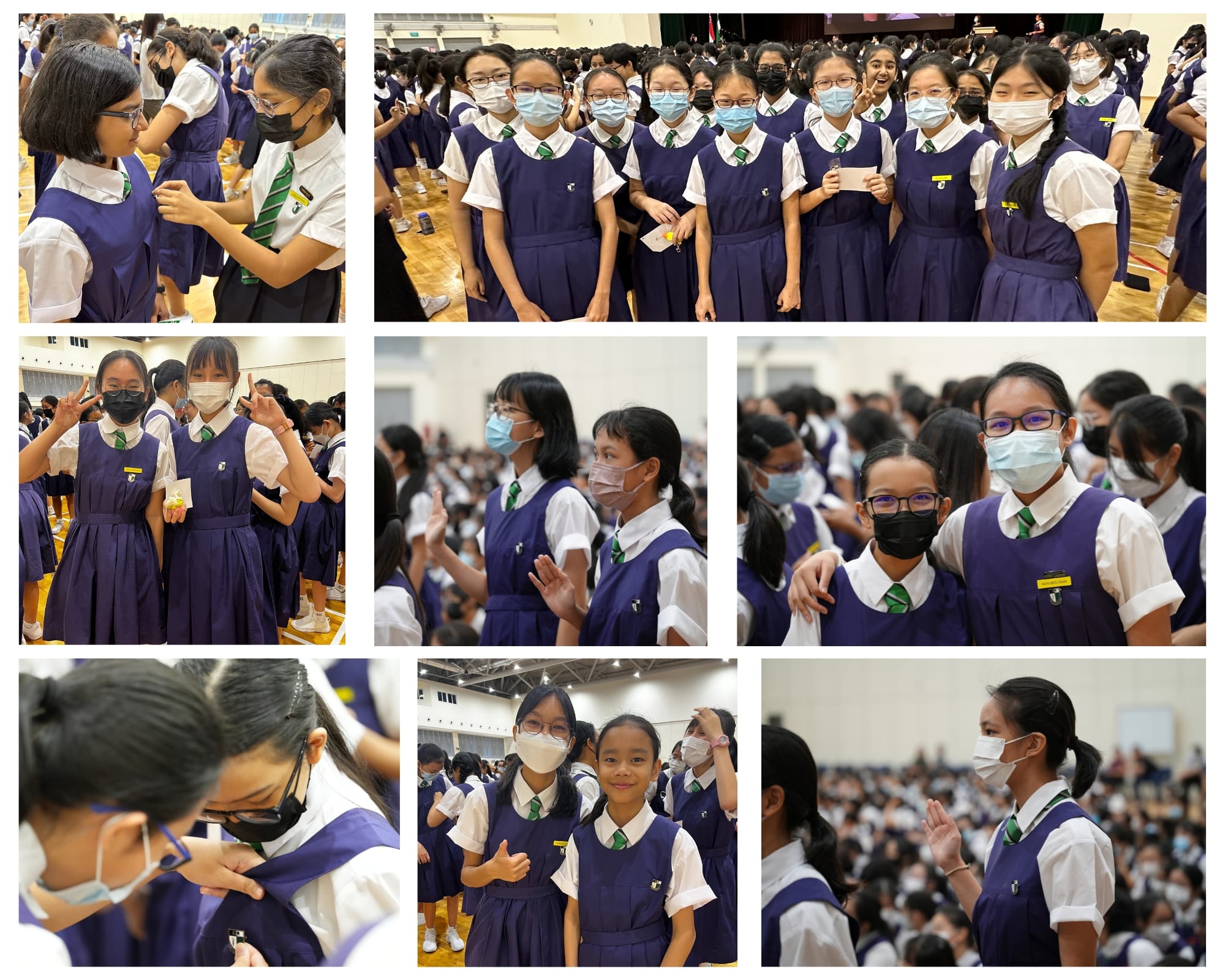 Collage of schoolgirls in navy uniforms and face masks gathered in a large hall, posing and interacting.